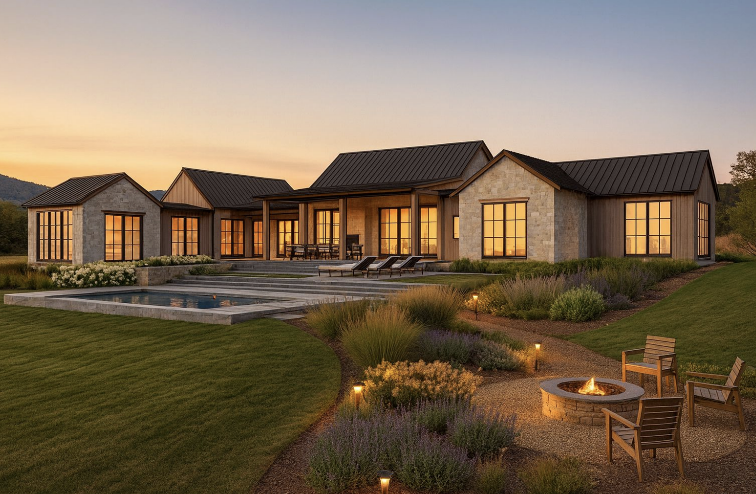 Modern farmhouse with landscaped yard, pool, and fire pit at sunset