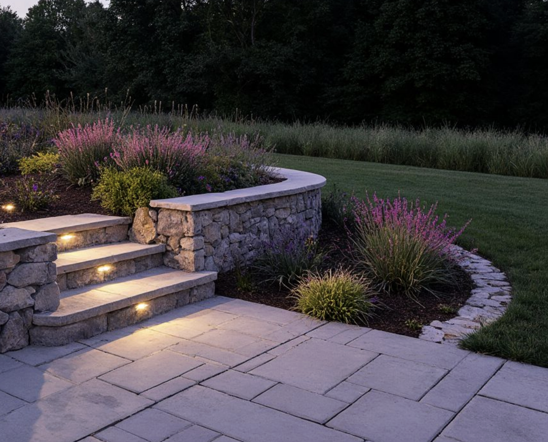 Stone wall and patio at dusk